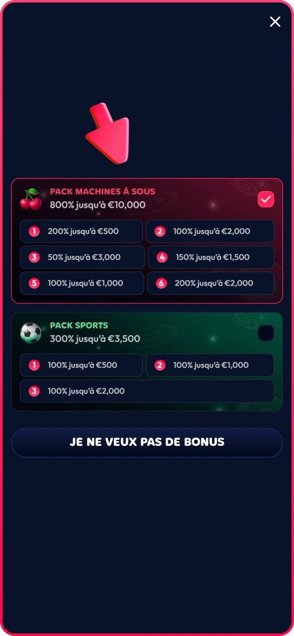 Choisissez le bonus d'inscription Gambiva de votre choix.