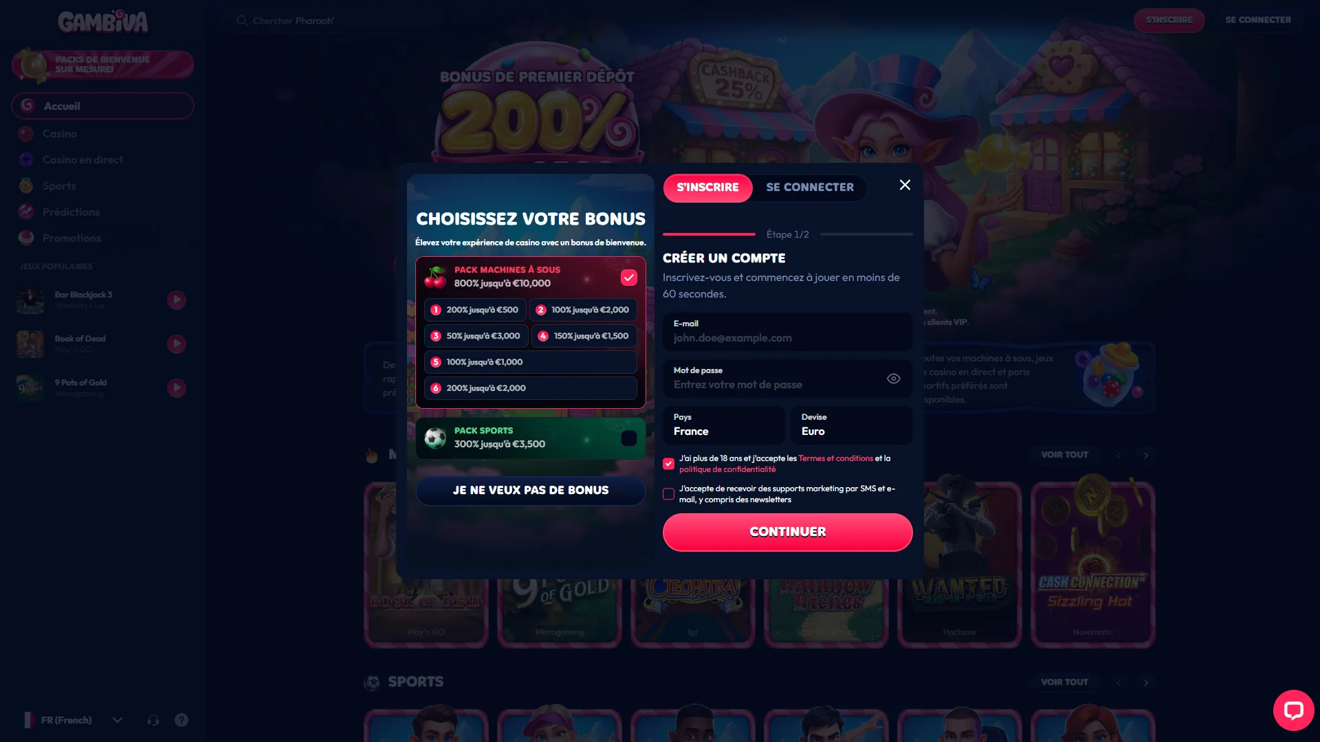Créez votre compte en un rien de temps pour jouer au casino Gambiva.