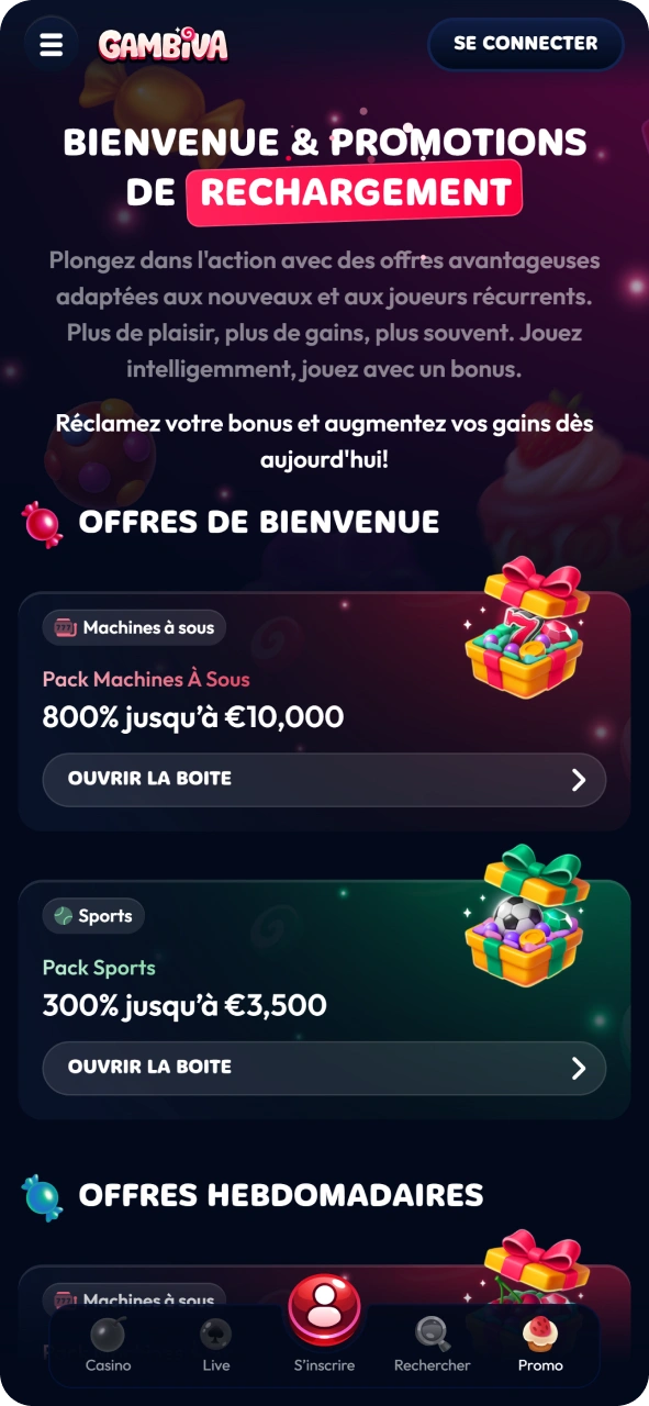 Réclamez de généreux bonus sur l'application du casino Gambiva.
