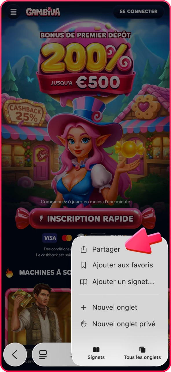 Cliquez sur le bouton de partage pour obtenir l'application iOS Gambiva.