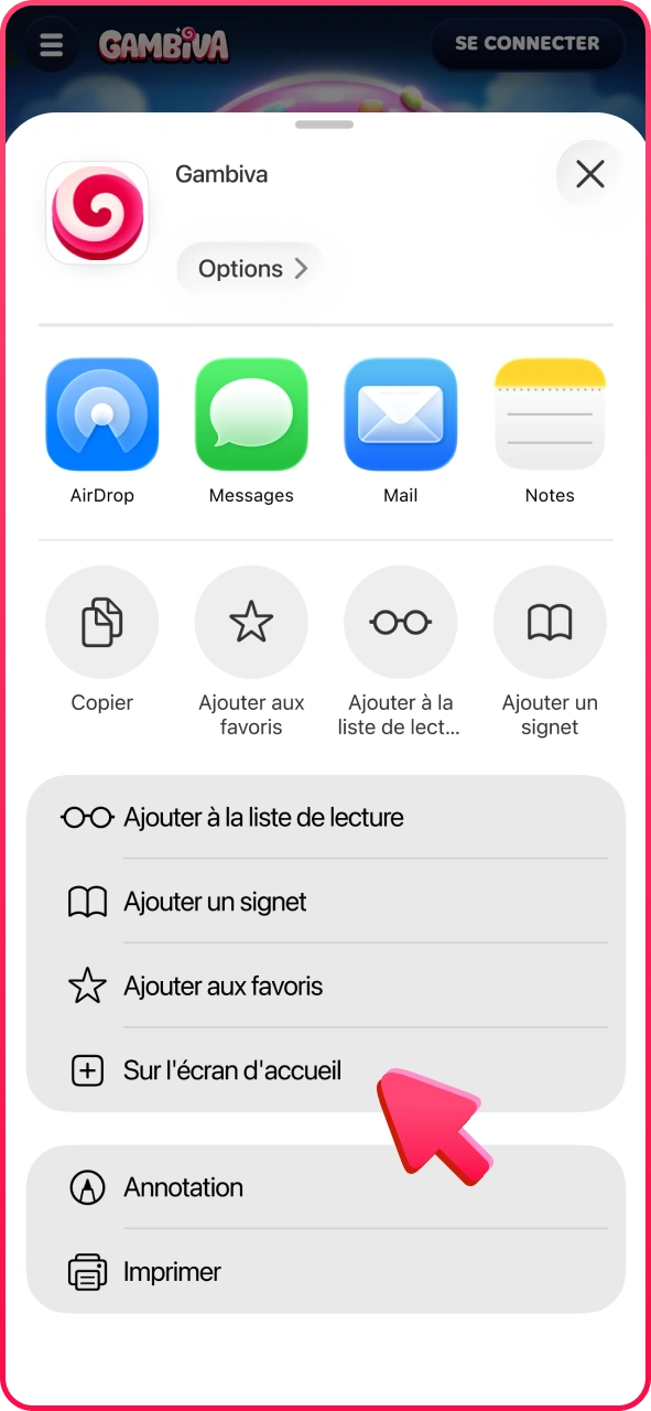 Appuyez sur ce bouton pour obtenir l'application PWA Gambiva pour iOS.