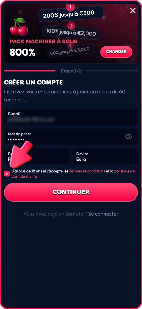 Acceptez les conditions sur le formulaire d'inscription de Gambiva.